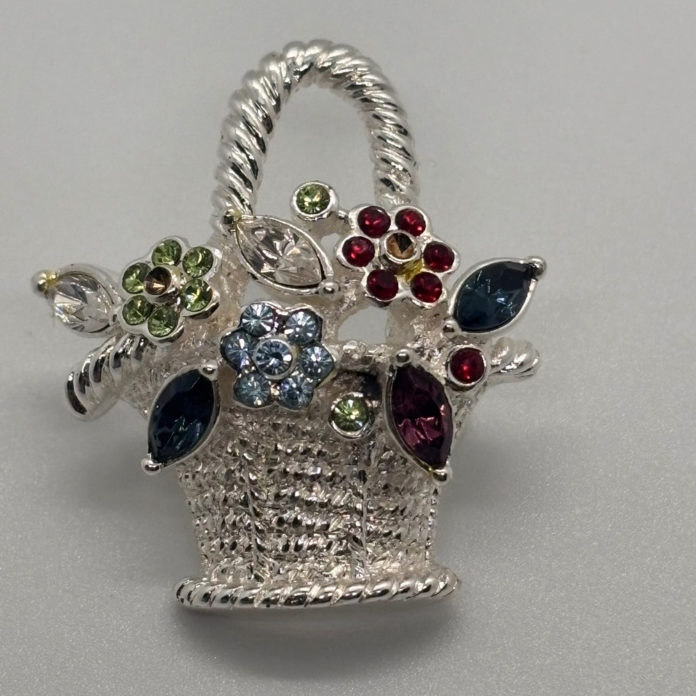 Napier Flower Basket Brooch Silver Tone Multi Color‎ Rhinestone Floral Design